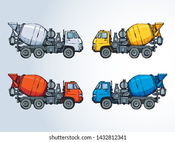 Big grey, red, yellow, blue scrambler drum container on light road backdrop. Bright multy color hand drawn logo pictogram emblem sketchy in art modern doodle cartoon style. Side view on space for text