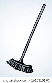 Big grime cleanse bin bristle swob white paper text space. Outline black hand drawn trash garbage bucket rag swabber stick logo pictogram design in modern art doodle print style. Close up line view