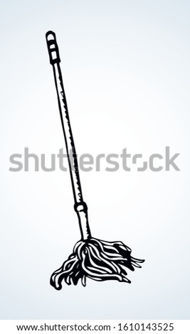 Big grime cleanse bin bristle swob white paper text space. Outline black hand drawn trash garbage bucket rag swabber stick logo pictogram design in modern art doodle print style. Close up line view