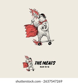 Big grizzly bear riding skateboard wearing helmet, glasses, and red cape, while burst a meat with his breath fire and holding a calf on the left hand. Creative  hand drawn vector illustration