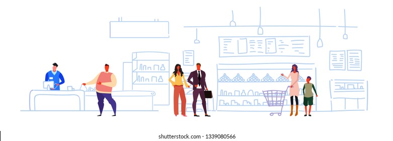 Big Grocery Shop Super Market Shopping Mall Interior Customers Buying Products Sales Woman Cash Desk Sketch Flow Style Horizontal