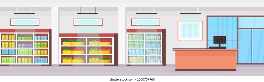 big grocery shop supermarket interior empty no people super market shopping concept flat horizontal banner