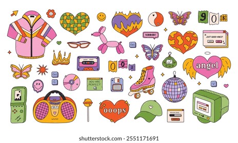 Grande groovy doodle Y2k conjunto com moda, esporte, eletrônico, símbolos de menina dos anos 90, 00. Retro clipart estética de jaqueta, rádio, borboleta, PC velho, cassete, patins de rodas. Nostalgia pela vibração dos anos 90