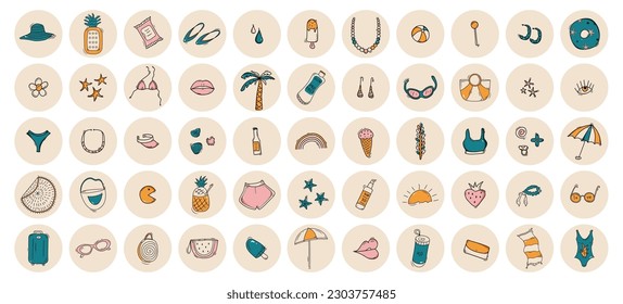 Big groovy summer sticker pack. Doodle trendy illustrations in pastel circles. Collection of sea travel beach stickers. Large set of cool vector design. Retro badges.