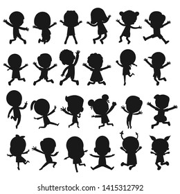 big Group of black children silhouette playing jumping, kids silhouettes dancing, child silhouettes jumping on white background Vector illustration