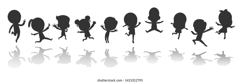 big Group of black children silhouette playing jumping, kids silhouettes dancing, child silhouettes jumping on white background Vector illustration