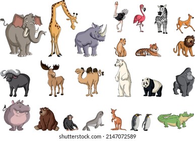 Big group of cartoon animals.  Vector illustration of funny happy animals.
