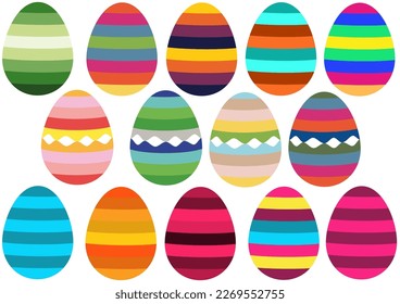 Gran grupo de huevos de Pascua coloreados a rayas, conjunto de iconos decorativos festivos para la tarjeta de saludo, varios colores
