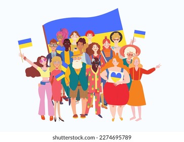 Big group of diverse people with flags of Ukraine. Disabled and different persons support Ukraine.  large family group. 