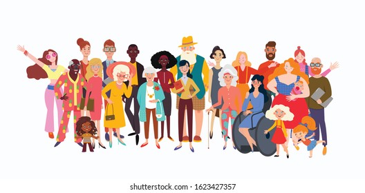 Big group of diverse people joined with happiness. Selection of old, coloured, disabled and different persons. Social diversity, relationship, human resorces, large family group.