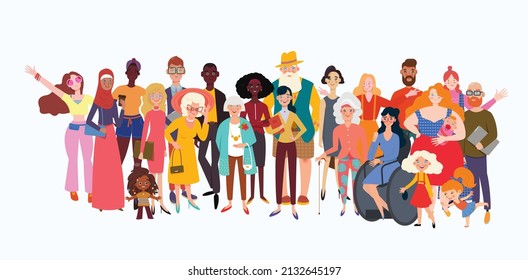 Big group of diverse people joined with happiness. Disabled and different persons. Social diversity, relationship, human resorces, large family group.