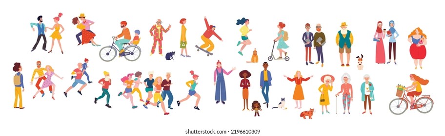 Big group of diverse people joined with happiness. Selection of old, coloured, disabled and different persons. Social diversity, relationship, human resorces, large family group.