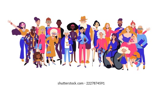 Big group of diverse people joined with happiness. Disabled and different persons. Social diversity, relationship, human resorces, large family group.