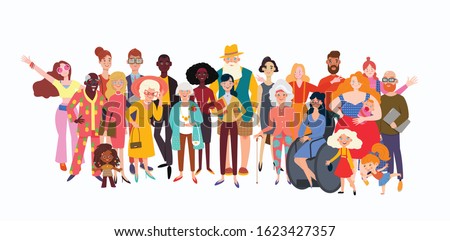 Big group of diverse people joined with happiness. Selection of old, coloured, disabled and different persons. Social diversity, relationship, human resorces, large family group.