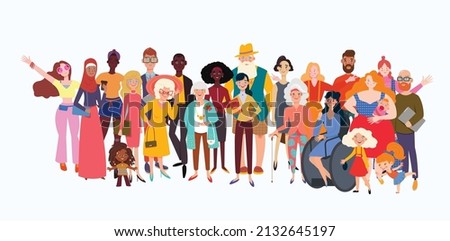 Big group of diverse people joined with happiness. Disabled and different persons. Social diversity, relationship, human resorces, large family group.
