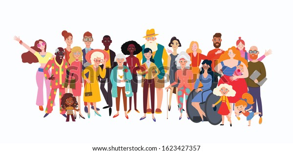 Big\
group of diverse people joined with happiness. Selection of old,\
coloured, disabled and different persons. Social diversity,\
relationship, human resorces, large family\
group.