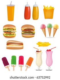 Big group of fast food products. Vector.