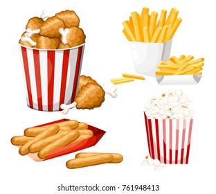 Big group of fast food products. Vector illustration isolated on white background. Set of cheese stick, popcorn, french fries, fried chicken in strip bucket. Website page and mobile app design