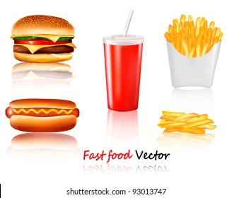 Big group of fast food products. Vector.