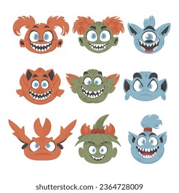 A big group of funny and entertaining monster faces. Cartoon style.