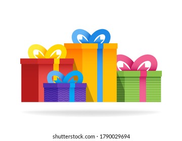 Big group gift boxes with ribbons and bows. Vector flat illustration. Colorful wrapped. Colorful wrapped gift boxes isolated on white background. Collection for Birthday, Christmas.