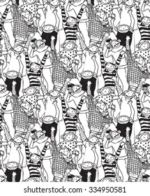 Big group monkey seamless black and white pattern. Crowd of happy monkey. Monochrome vector illustration. EPS8