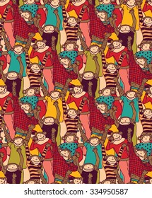 Big group monkey seamless color pattern. Crowd of happy monkey. Color vector illustration. EPS8