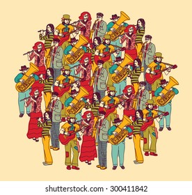 Big group musicians band orchestra color. Crowd musicians figures in full height. Color vector illustration. EPS8.