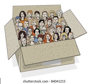 Big group of people in the box. The big group of different characters unrecognizable people in the box like metaphor of work team. Color vector illustration.