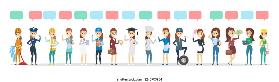 Big group of people of different occupation talk using speech bubble. Female person talk. Businessman and doctor and other profession. Isolated flat vector illustration