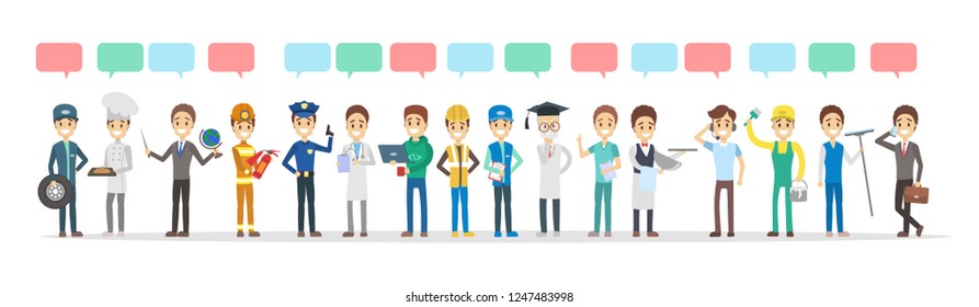 Big group of people of different occupation talk using speech bubble. Male person talk. Businessman and doctor and other profession. Isolated flat vector illustration