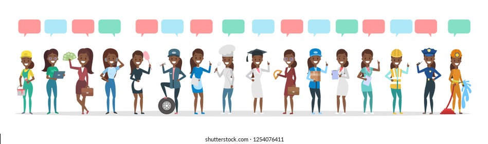Big group of people of different occupation talk using speech bubble. Female person talk. Businessman and doctor and other profession. Isolated flat vector illustration