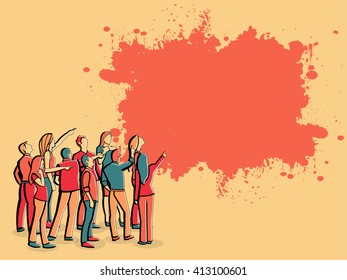 Gran grupo de personas mirando y señalando