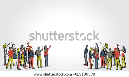 Big group of people looking and pointing