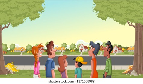 Big group of people looking at suburb neighborhood. Green park landscape with grass, trees, and houses.
