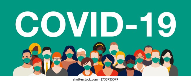 Big group of people in medical face mask to prevent coronavirus, COVID-19, disease, flu.  Concept of banner for coronavirus quarantine or air pollution, contaminated air, world pollution. Vector.