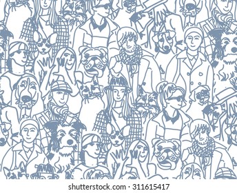 Big group people and pets gray seamless pattern. Seamless pattern. Gray vector illustration. EPS8