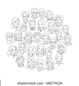 Big group of people round concept, Social network, world diversity and connection concept, Thin line sketch style vector