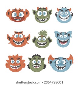 A big group of silly and funny monster faces. Cartoon style.