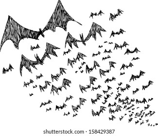 Big group of sketched flying Halloween bats.