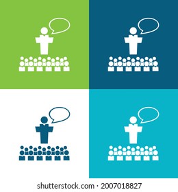 Big Group Of Small Students With Giant Professor In Front Of The Class Talking Flat four color minimal icon set