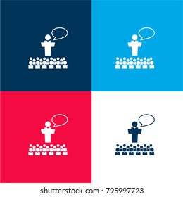 Big group of small students with giant professor in front of the class talking four color material and minimal icon logo set in red and blue