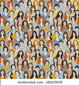 Big Group Woman Seamless Pattern Only Woman. Big Crowd With Happy Young Pretty Unrecognizable Woman. Color Vector Illustration.