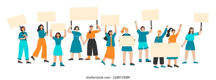 Big group of women protest holding banners. Empty posters for manifestation. Demonstration for women rights. Vector illustration of manifesting activists.