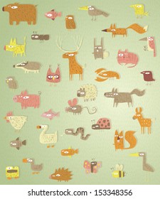 Big Grunge Animals Collection in colours, with grunge texture, on gradient grass background. Elements are isolated in a group, textures and shadows on separate layer, illustration in eps10 vector.