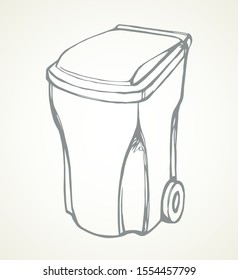 Big grunge open lashcan set on white road backdrop. Outline black hand drawn large bio utilize wheel basket tin lid mobile service logo pictogram design in retro art doodle style on paper text space