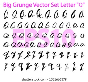 Big Grunge Vector Set Letter "Q". Different styles of writing large and small letters "Q". Hand drawn letters with black ink. Big set only Q". EPS10