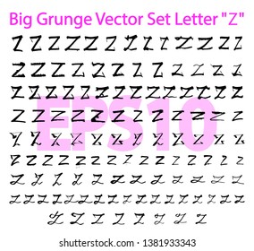 Big Grunge Vector Set Letter "Z". Different styles of writing large and small letters "Z". Hand drawn letters with black ink. Big set only "Z". EPS10