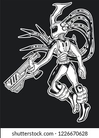 Аlien with a big gun. Vector isolated illustration. Fantasy art, sticker, coloring books.