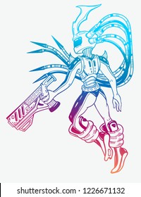 Аlien with a big gun. Vector isolated illustration. Fantasy art, sticker, coloring books.